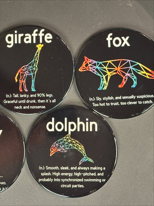 Giraffe, fox, and dolphin animal archetype coaster designs