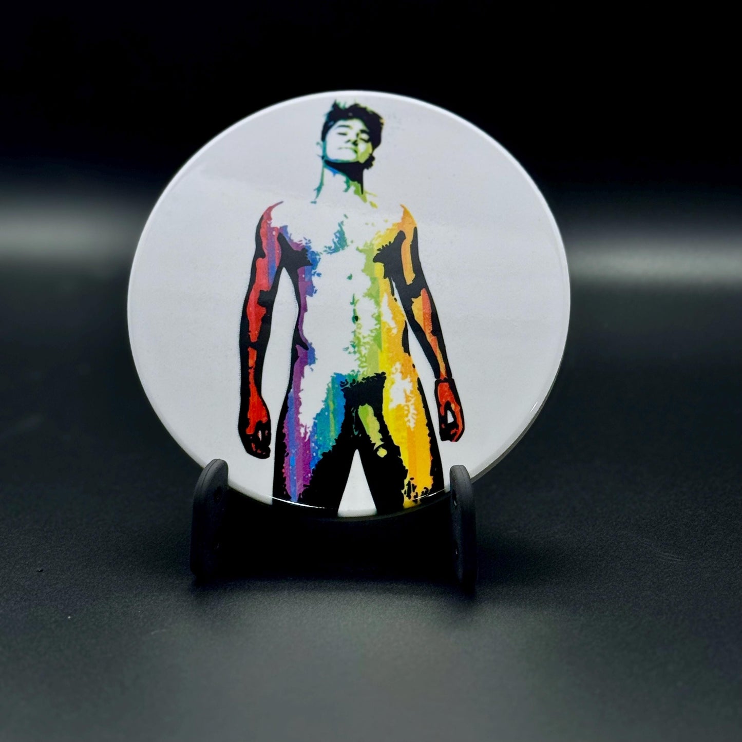 Nude male rainbow silhouette ceramic coaster — pride art handmade in Washington DC by Wicked Wicks and More