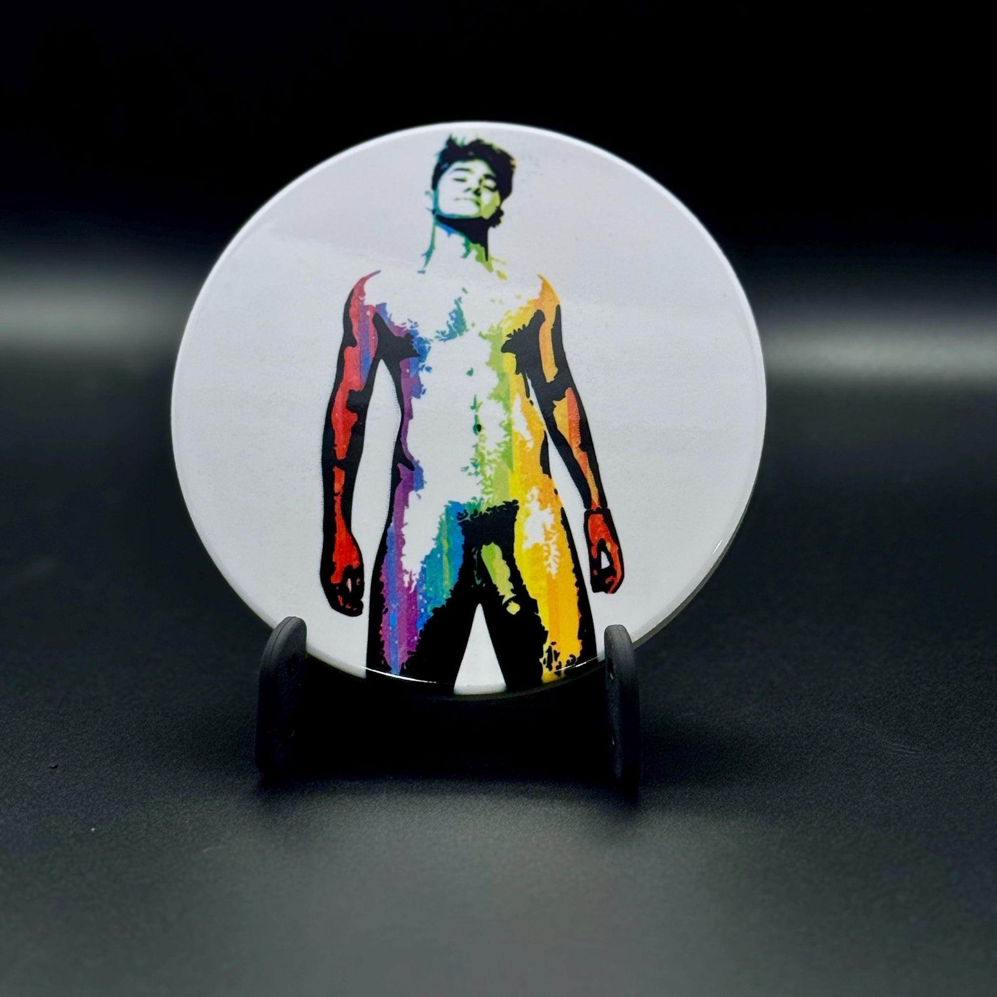Nude male rainbow silhouette ceramic coaster — pride art handmade in Washington DC by Wicked Wicks and More