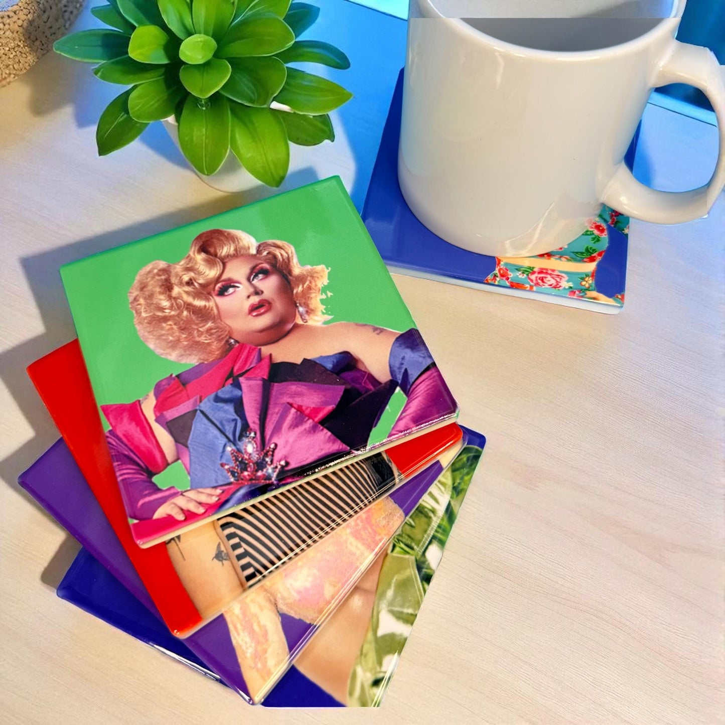 Drag queen portrait ceramic coaster — Drag Race fan art handmade in Washington DC by Wicked Wicks and More