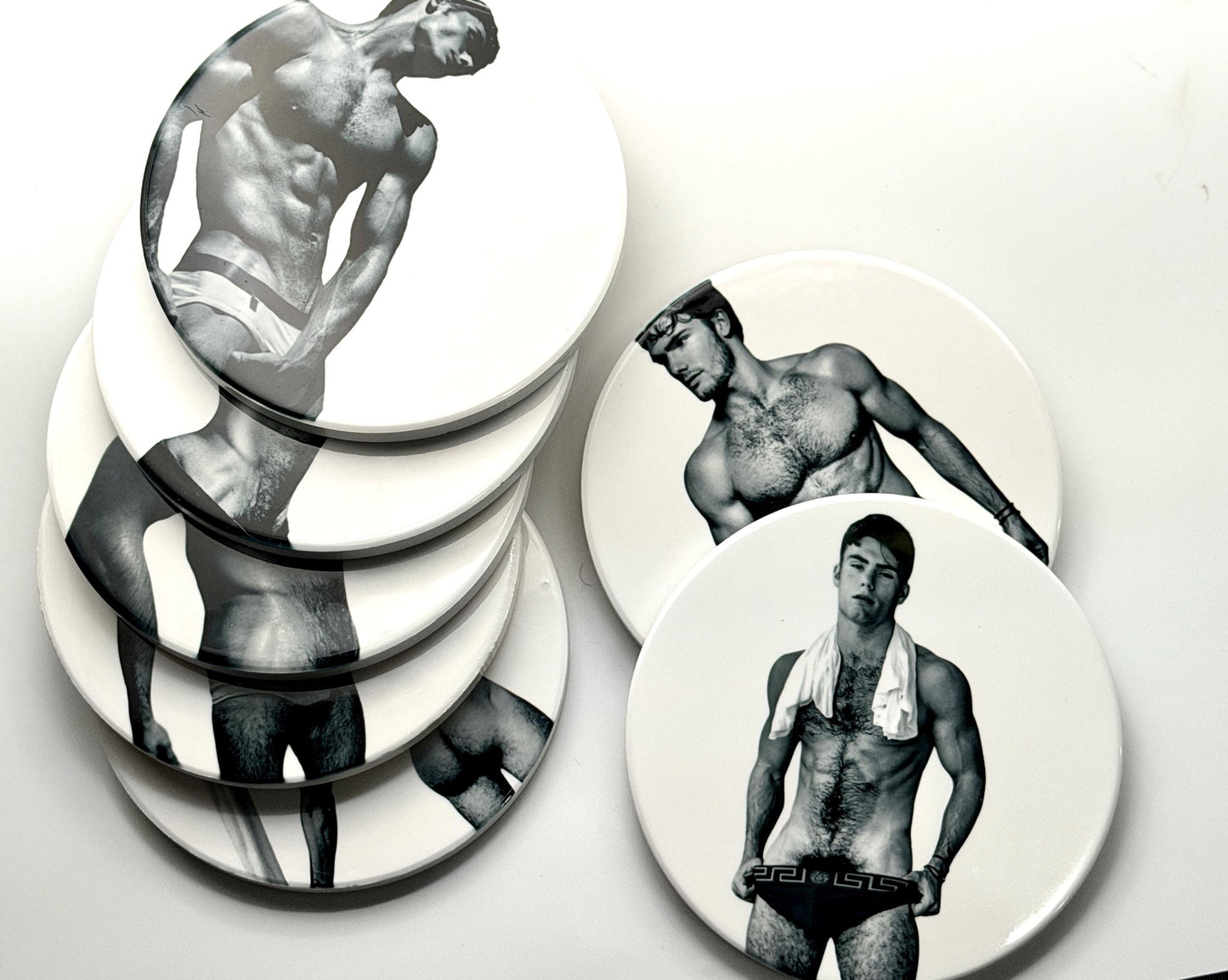 Male underwear model ceramic coaster — thirst trap art handmade in Washington DC by Wicked Wicks and More