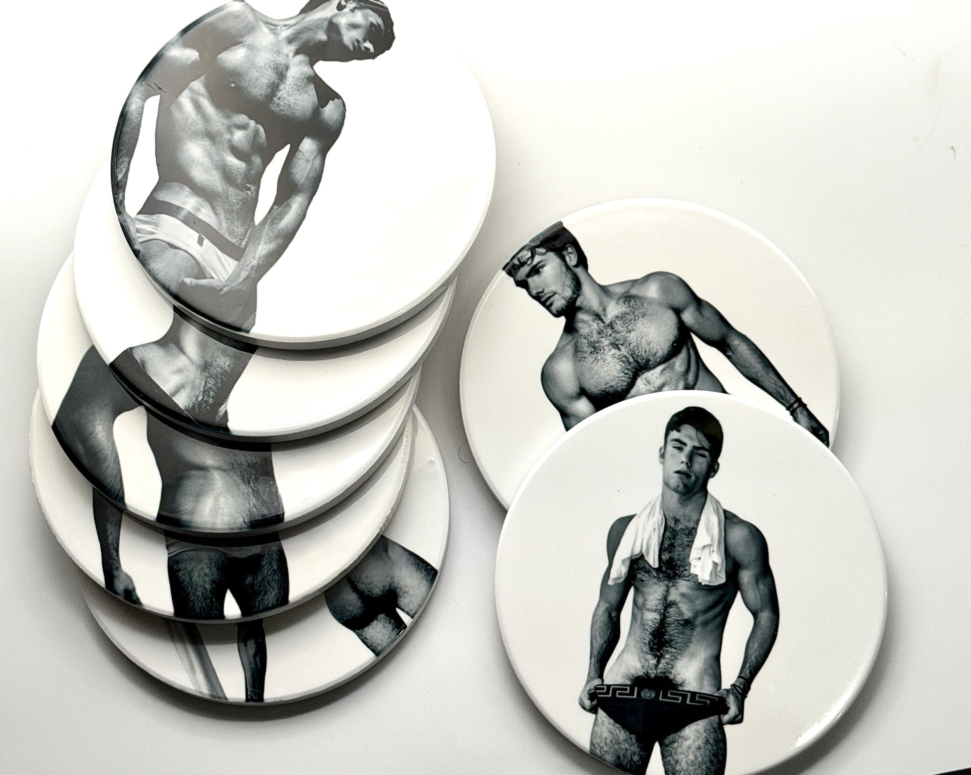 Male underwear model ceramic coaster — thirst trap art handmade in Washington DC by Wicked Wicks and More