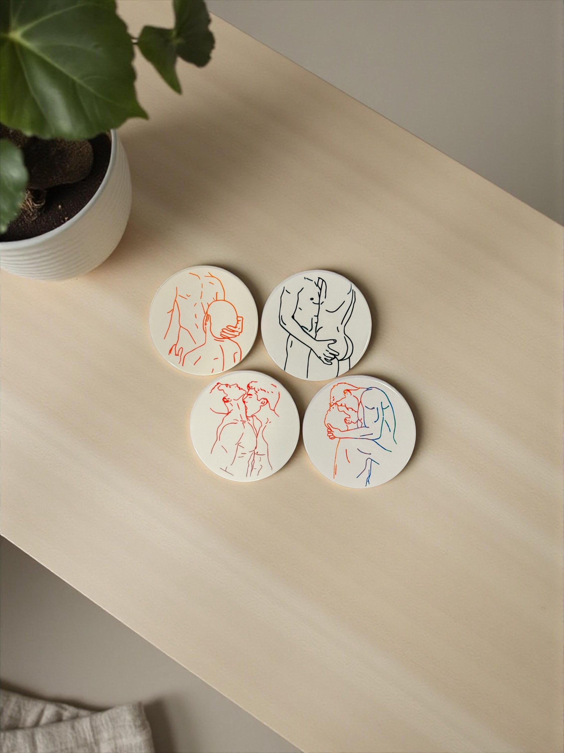 Queer line art ceramic ornament — gay male couples handmade in Washington DC by Wicked Wicks and More