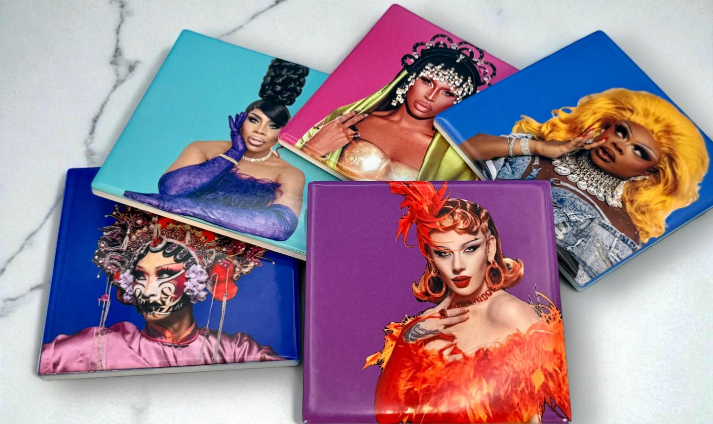 Drag queen portrait ceramic coaster — Drag Race fan art handmade in Washington DC by Wicked Wicks and More
