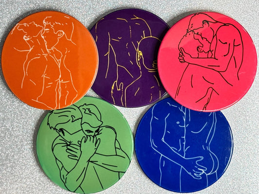 Gay male line art ceramic coaster — intimate couples art handmade in Washington DC by Wicked Wicks and More