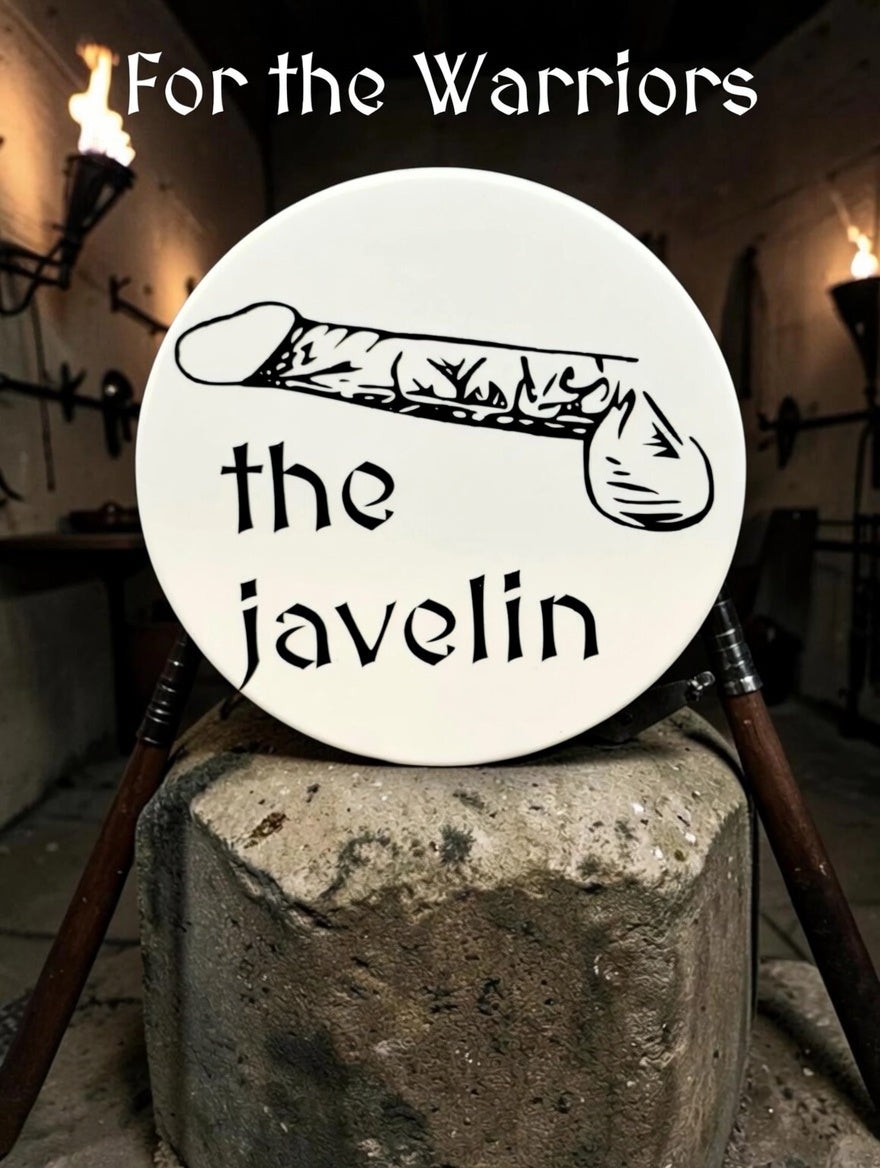 The Javelin Dick Type coaster with black penis illustration on a stone pedestal in a torch-lit armory — For the Warriors