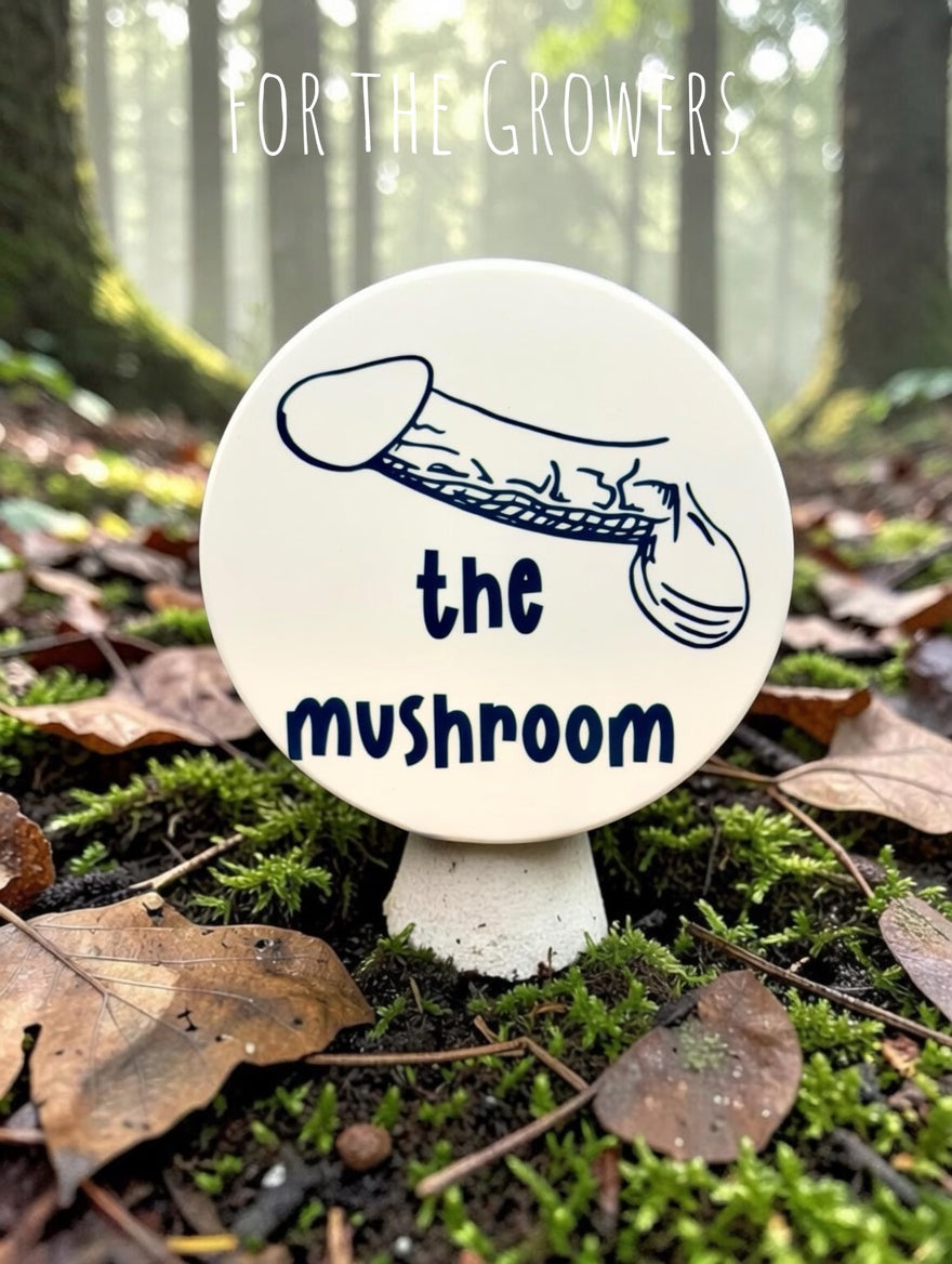 The Mushroom Dick Type coaster with navy penis illustration perched on a mushroom on the forest floor — For the Growers