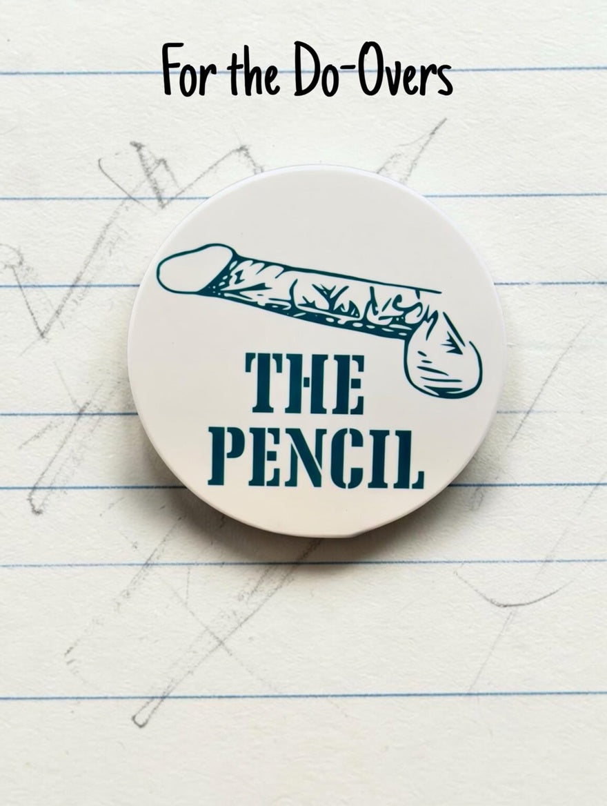 The Pencil Dick Type coaster with teal penis illustration on ruled notebook paper — For the Do-Overs