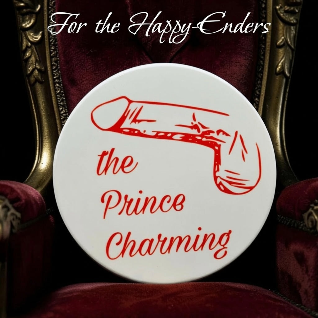 The Prince Charming Dick Type coaster with red penis illustration on a red velvet throne — For the Happy-Enders