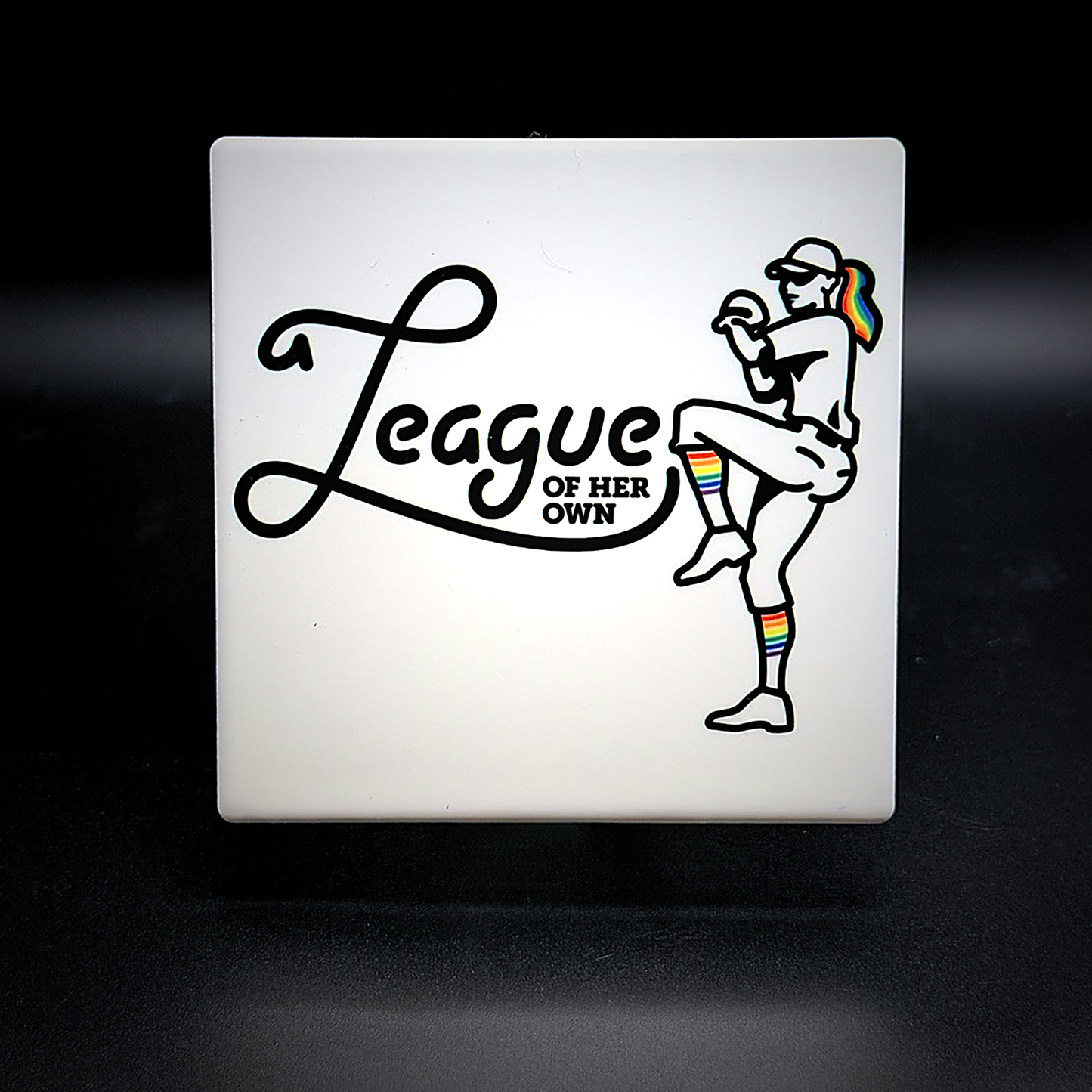 A League of Her Own ceramic coaster — handmade DC lesbian bar nightlife art by Wicked Wicks and More