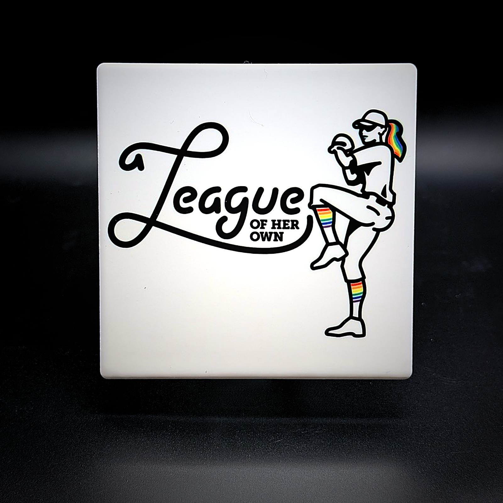 A League of Her Own ceramic coaster — handmade DC lesbian bar nightlife art by Wicked Wicks and More