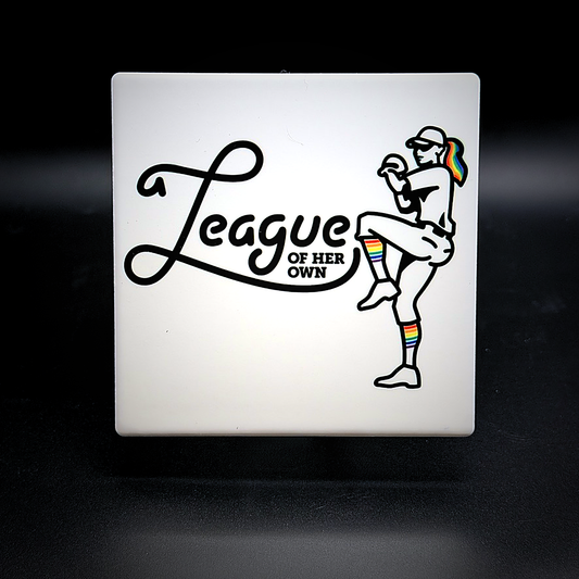 A League of Her Own ceramic coaster — handmade DC lesbian bar nightlife art by Wicked Wicks and More