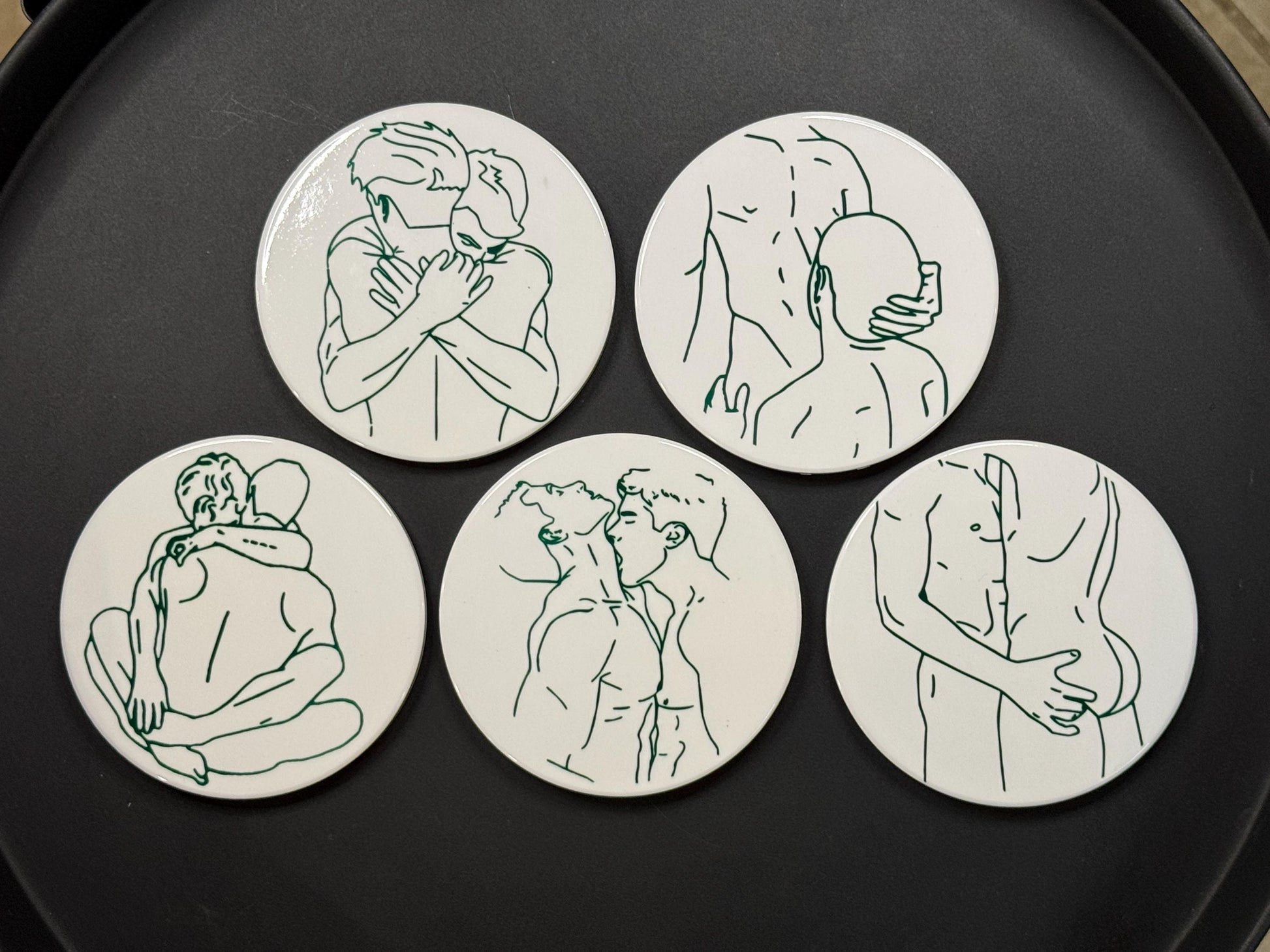 Gay male line art ceramic coaster — intimate couples art handmade in Washington DC by Wicked Wicks and More