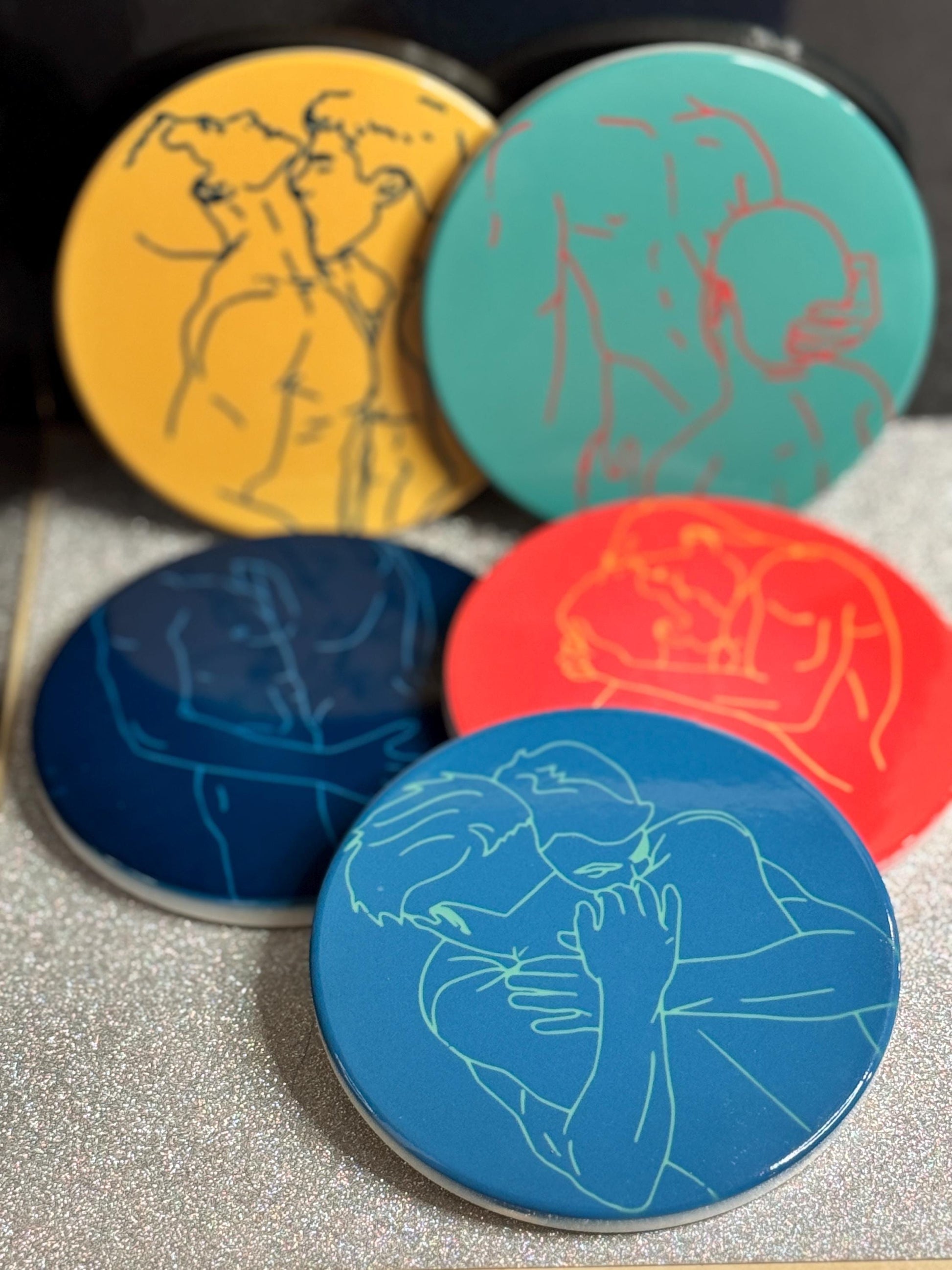 Gay male line art ceramic coaster — intimate couples art handmade in Washington DC by Wicked Wicks and More