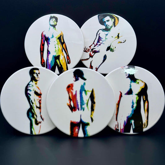Nude male rainbow silhouette ceramic coaster — pride art handmade in Washington DC by Wicked Wicks and More