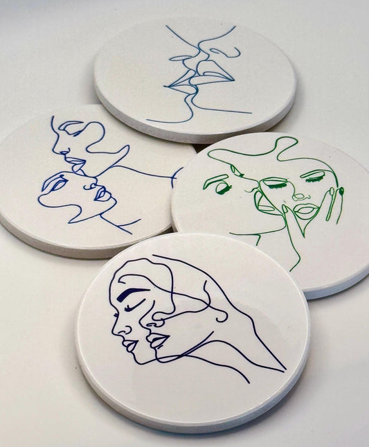 Sapphic line art ceramic coaster — WLW couples art handmade in Washington DC by Wicked Wicks and More