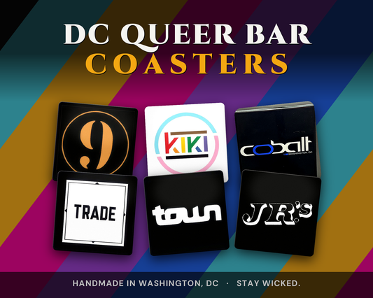DC Queer Bar Coasters with brand logos on a colorful geometric background
