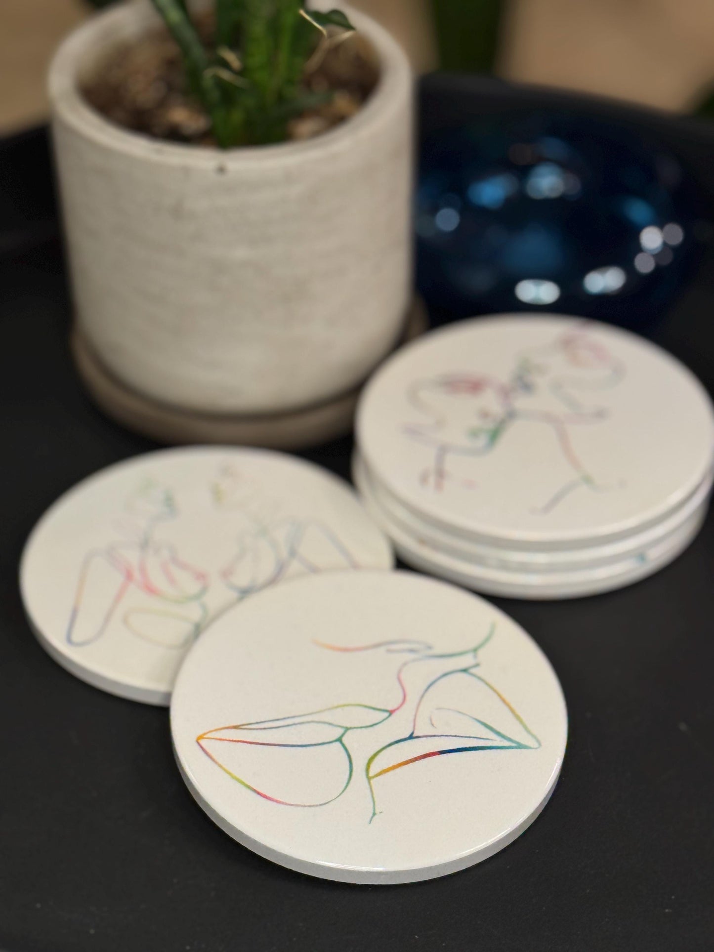 Sapphic line art ceramic coaster — WLW couples art handmade in Washington DC by Wicked Wicks and More