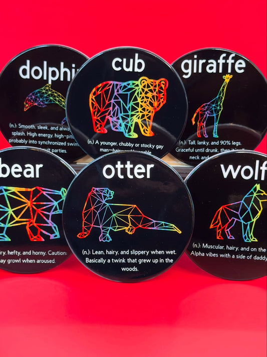 Six rainbow gay animal archetype ceramic coasters on a red background