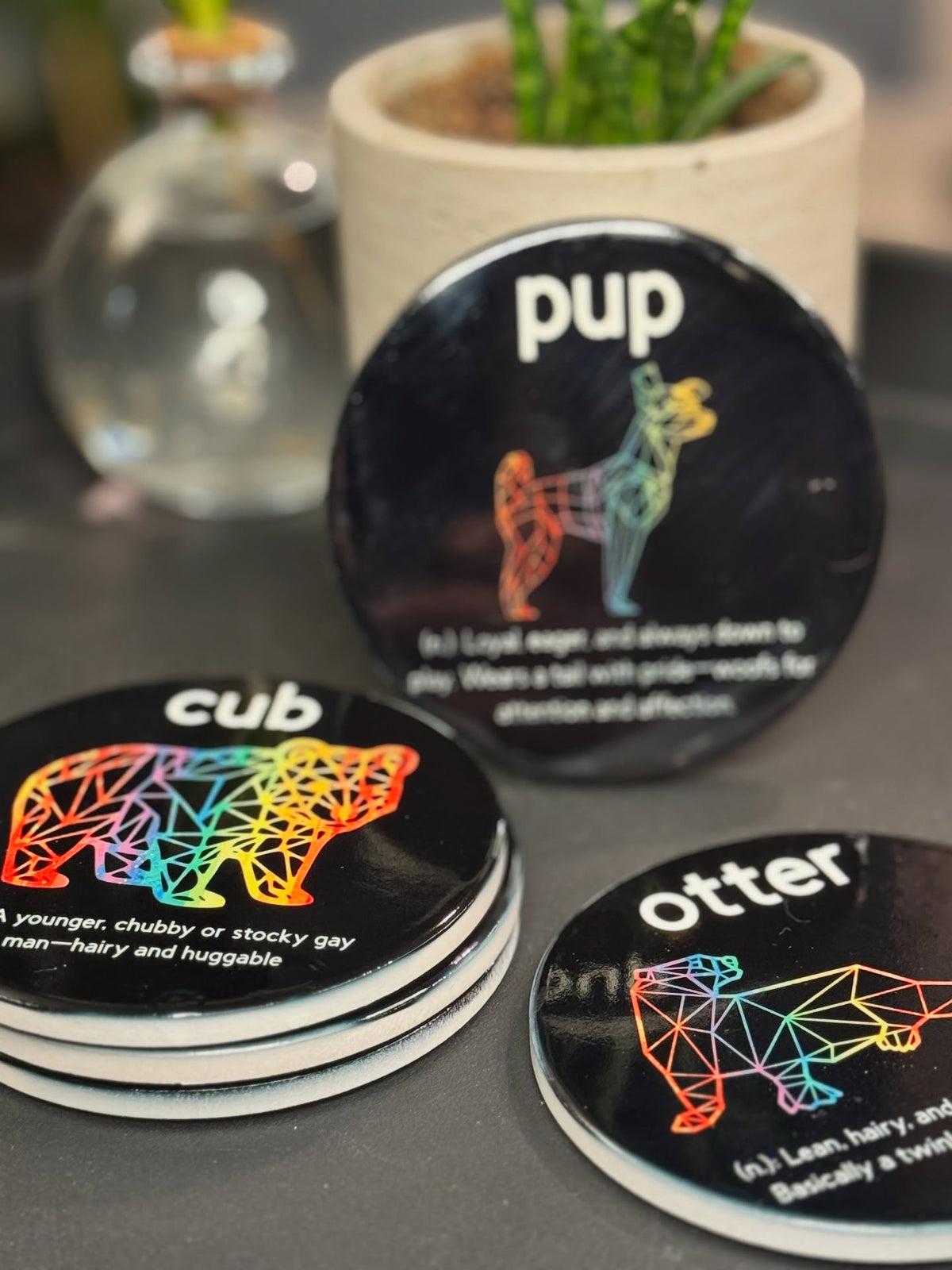 Cub, pup, and otter rainbow ceramic coasters in a home