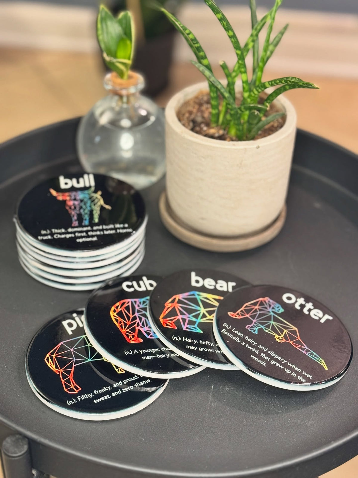 Animal archetype ceramic coasters displayed on a table with a plant