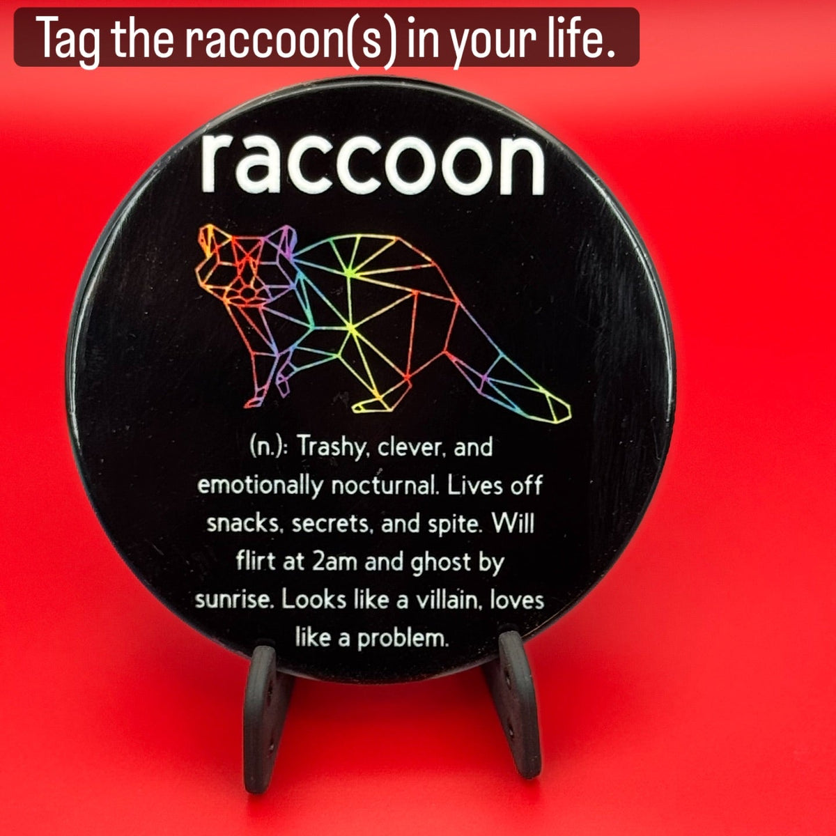 Raccoon ceramic coaster with a cheeky dictionary-style definition