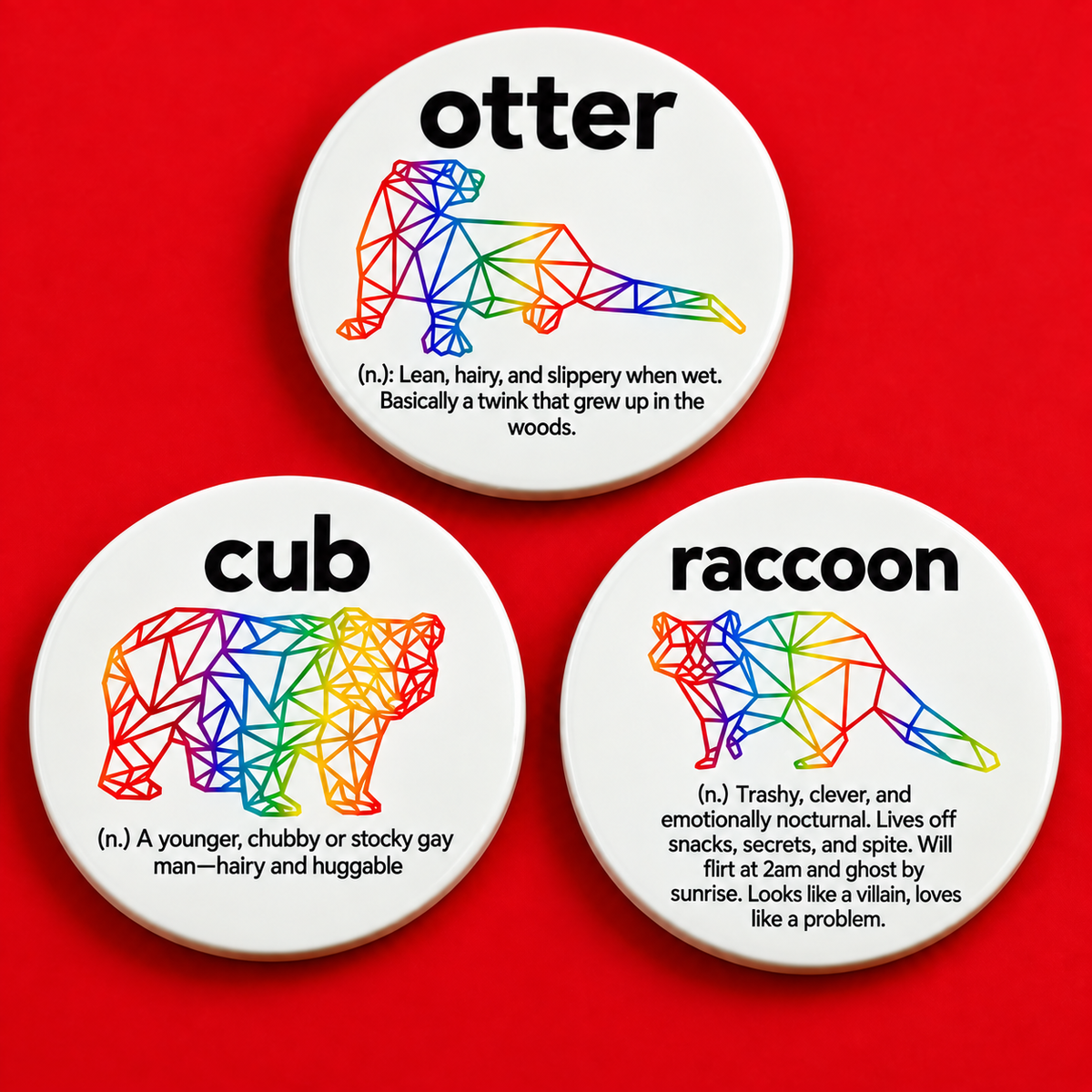 Otter, cub, and raccoon gay animal archetype coasters with rainbow line art on white ceramic faces