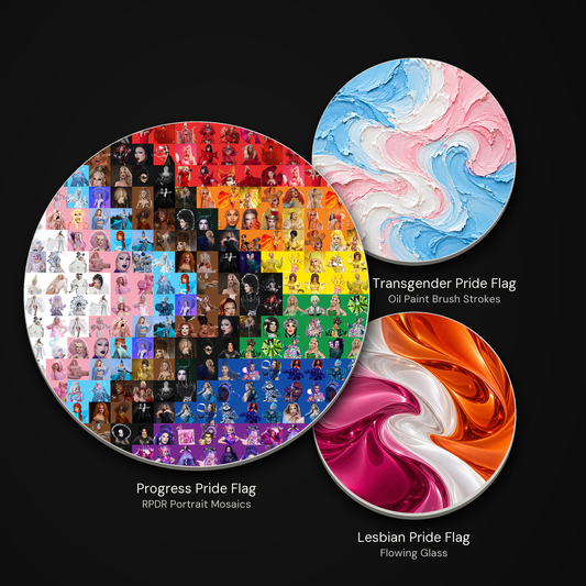 Overlapping pride flag ceramic coasters: Progress Pride Flag in RPDR Portrait Mosaics, Transgender Pride Flag in Oil Paint Brush Strokes, and Lesbian Pride Flag in Flowing Glass.