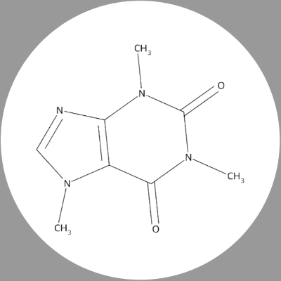 Round white caffeine molecule ceramic coaster with black artwork, without a name label.