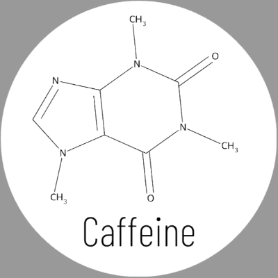 Round white caffeine molecule ceramic coaster with black artwork, labeled Caffeine; Scientific Names option.