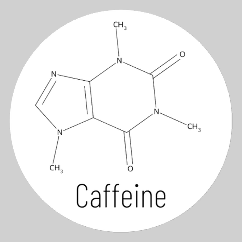 Round white caffeine molecule ceramic coaster with black artwork, labeled Caffeine; Street Names option.