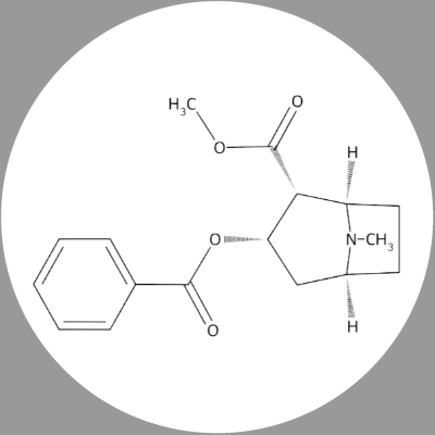 Round white cocaine molecule ceramic coaster with black artwork, without a name label.