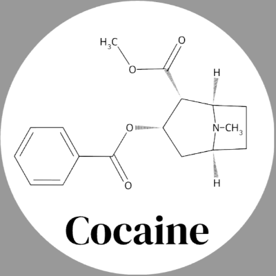 Round white cocaine molecule ceramic coaster with black artwork, labeled Cocaine; Scientific Names option.