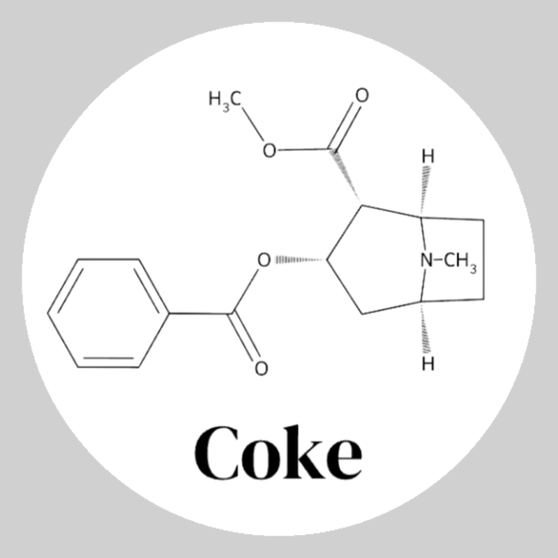 Round white cocaine molecule ceramic coaster with black artwork, labeled Coke; Street Names option.