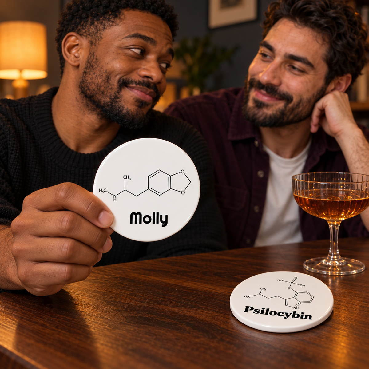 Two men admire a Molly molecule coaster, with a Psilocybin scientific-name coaster on the table beside a drink.
