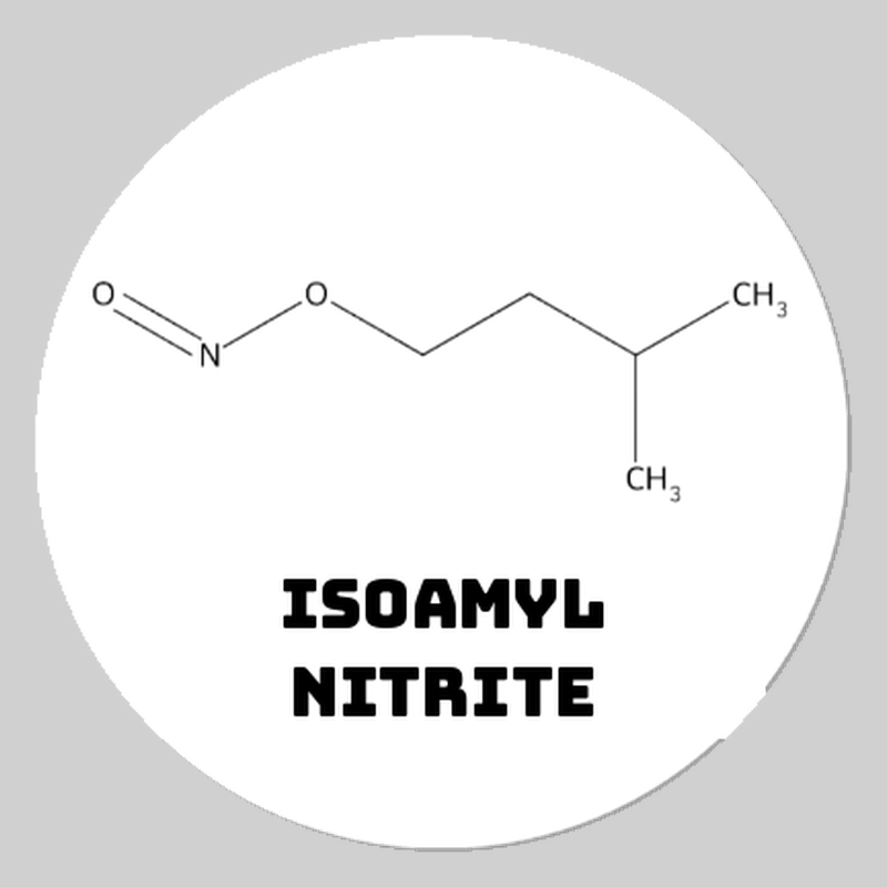 Round white isoamyl nitrite molecule ceramic coaster with black artwork, labeled Isoamyl Nitrite; Scientific Names option.