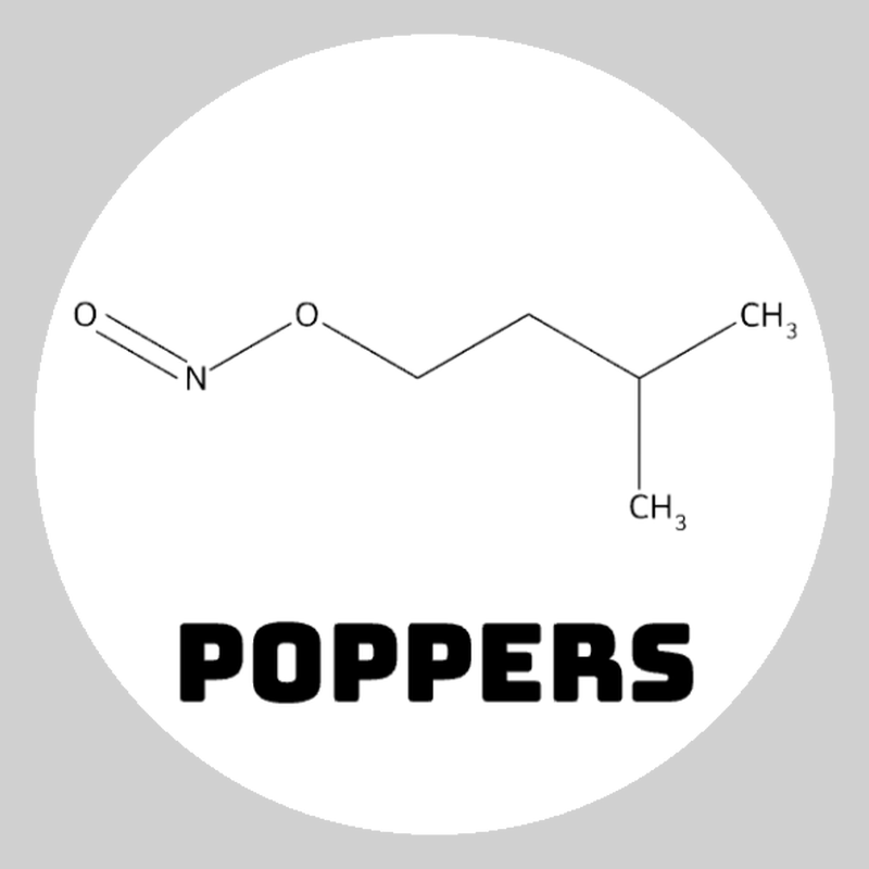 Round white isoamyl nitrite molecule ceramic coaster with black artwork, labeled Poppers; Street Names option.