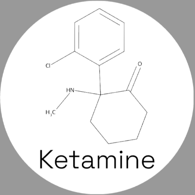 Round white ketamine molecule ceramic coaster with black artwork, labeled Ketamine; Scientific Names option.