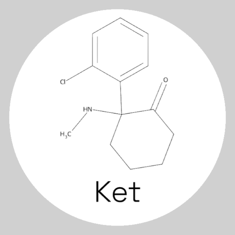Round white ketamine molecule ceramic coaster with black artwork, labeled Ket; Street Names option.