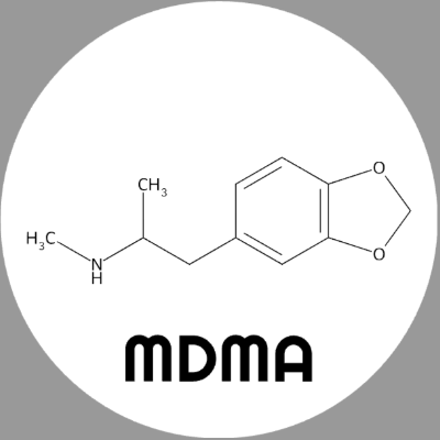 Round white mdma molecule ceramic coaster with black artwork, labeled MDMA; Scientific Names option.