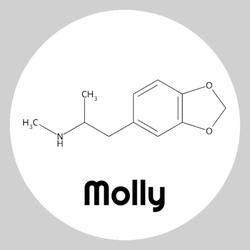 Round white mdma molecule ceramic coaster with black artwork, labeled Molly; Street Names option.