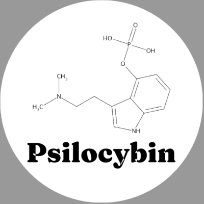 Round white psilocybin molecule ceramic coaster with black artwork, labeled Psilocybin; Scientific Names option.