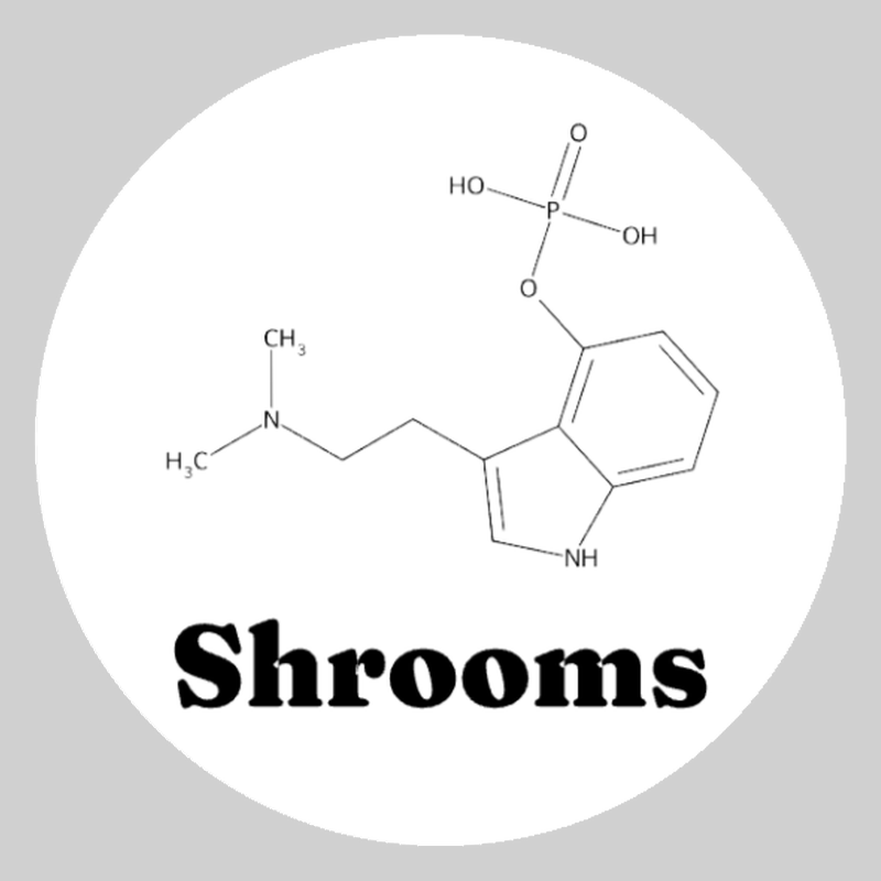 Round white psilocybin molecule ceramic coaster with black artwork, labeled Shrooms; Street Names option.